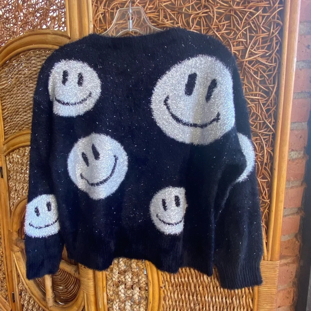 Limited Too Girls Black and White Smiley Face Sweater with Silver Threads